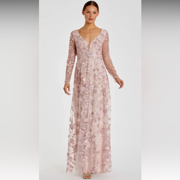 NWT Elegant Pink Floral Appliqué Illusion Dress
